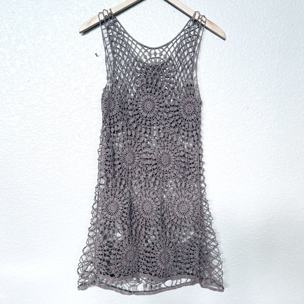 Lace Mesh Overlay Tan Tank Top or Cover-Up